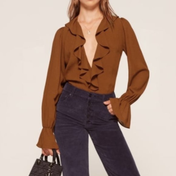 NWT Reformation Penny Bodysuit | Toffee Brown | Ruffles | Size XL - Picture 1 of 11